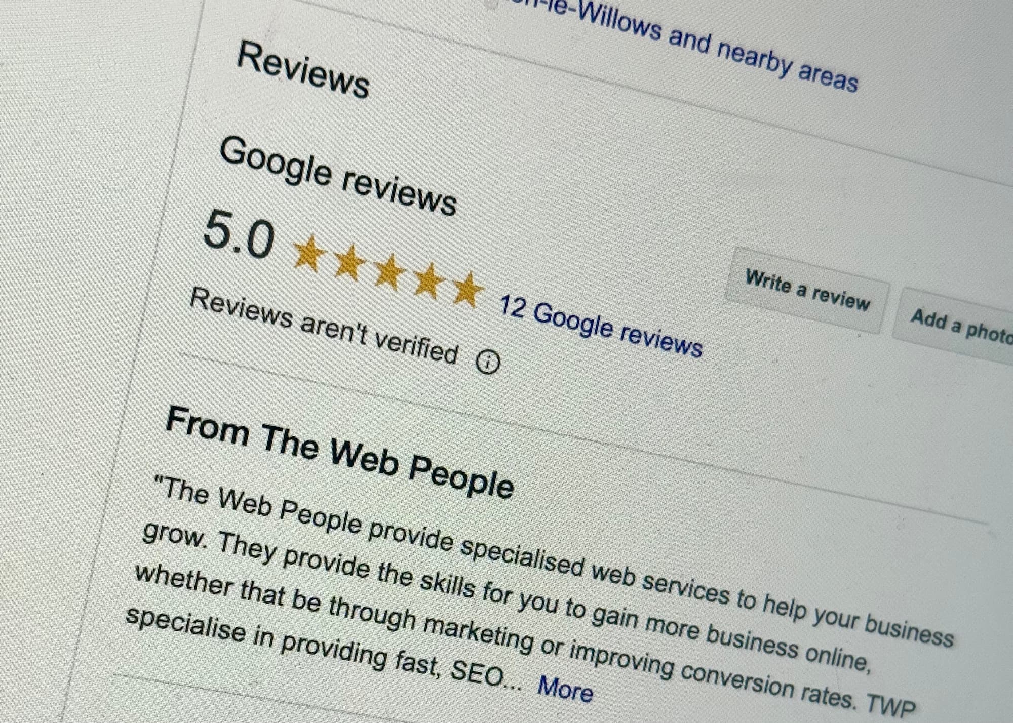 Screen capture showing Google Reviews for The Web People's Google Business Profile