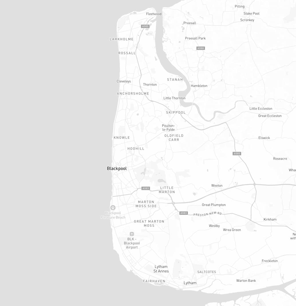 SEO services map showing coverage in Blackpool, Lytham St Annes, Fleetwood, Thornton-Cleveleys and surrounding areas