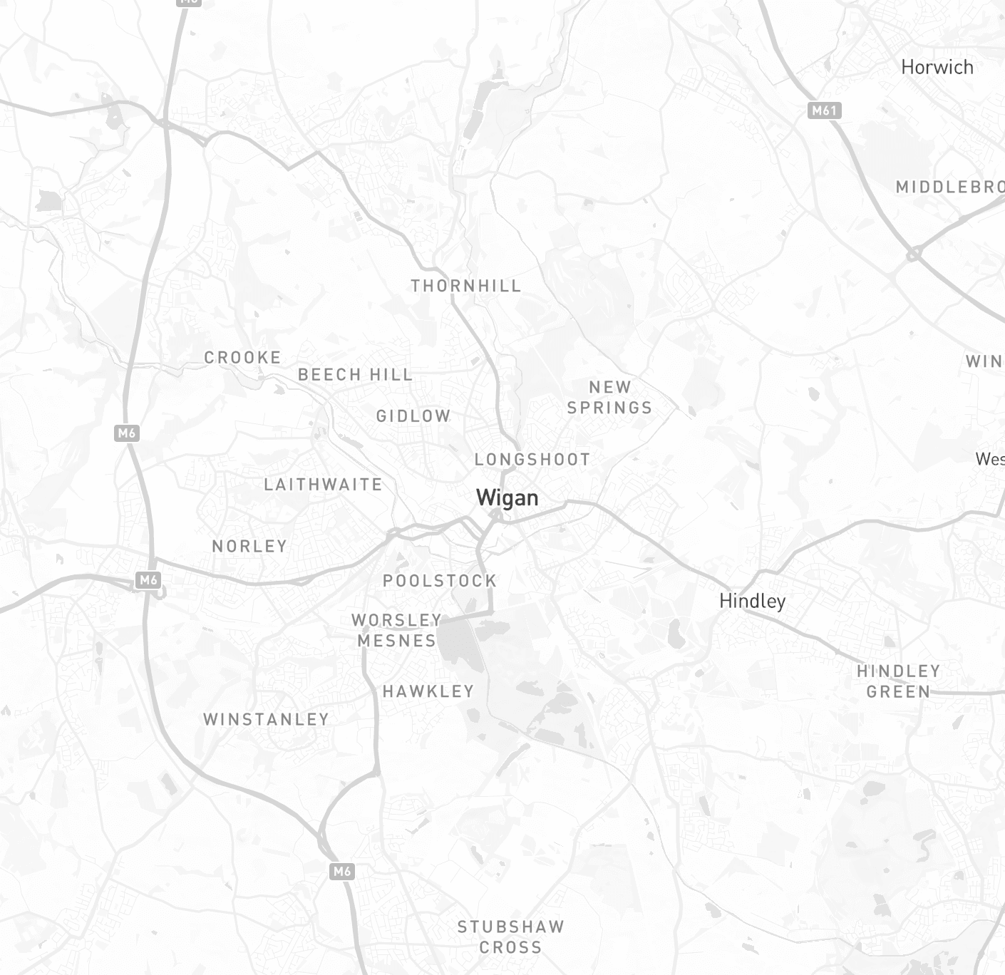 SEO services map showing coverage in Wigan, Standish, Ashton-in-Makerfield, Leigh, Hindley and surrounding areas
